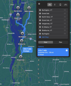 A screenshot of the macOS Maps app showing the route described by ChatGPT which adds up to 178 miles. Maps will only do multi-stop routes for cars, so ignore the time!