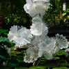 A blown glass white flower with a green stem. The flower is surrounded by other white flowers, creating a visually appealing scene. The white flowers are scattered throughout the image, with some appearing larger and others smaller. The overall composition of the image is aesthetically pleasing and captures the beauty of the white flowers.
